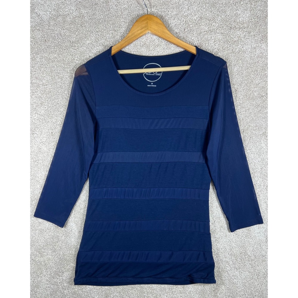INC International Concepts Womens Top Size M Blue 3/4 Sheer Sleeve Banded Blouse